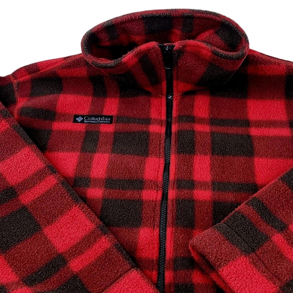 VTG Columbia Fleece Full Zip Jacket Red Buffalo Plaid Mens‎ Medium Gorpcore USA